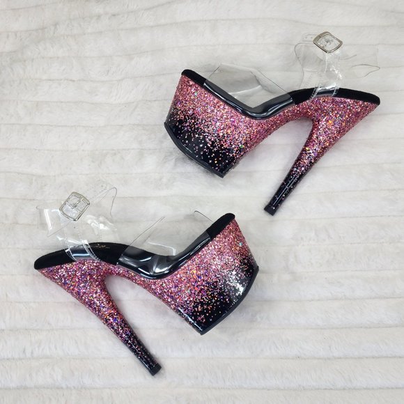 Pleaser Shoes - Adore 708SS Pink Hologram Glitter Ombre Platform Ankle Strap Platform 7" Heels